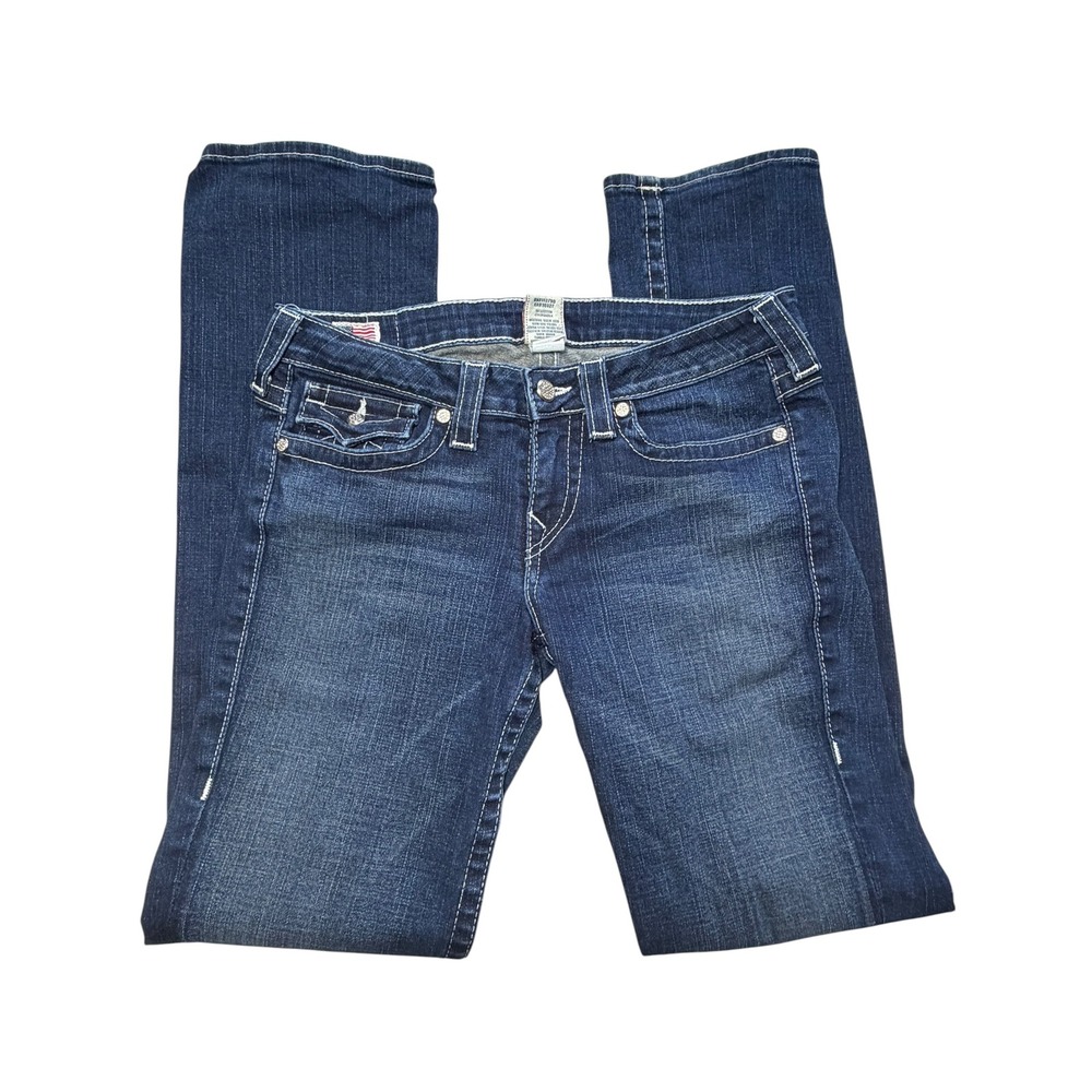 True Religion Joey Big T Flare Jeans Dark Wash Blue Stitching Womens 30x32